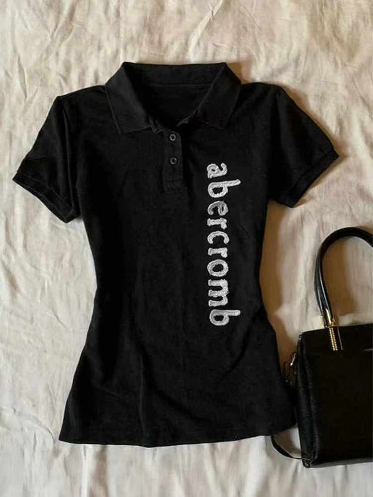 여름 신상 반팔 라펠 슬림 티셔츠 여성 디자인 헵번 Y2k 프린트 탑 여성 고딕 빈티지 스키니 핫걸 블라우스