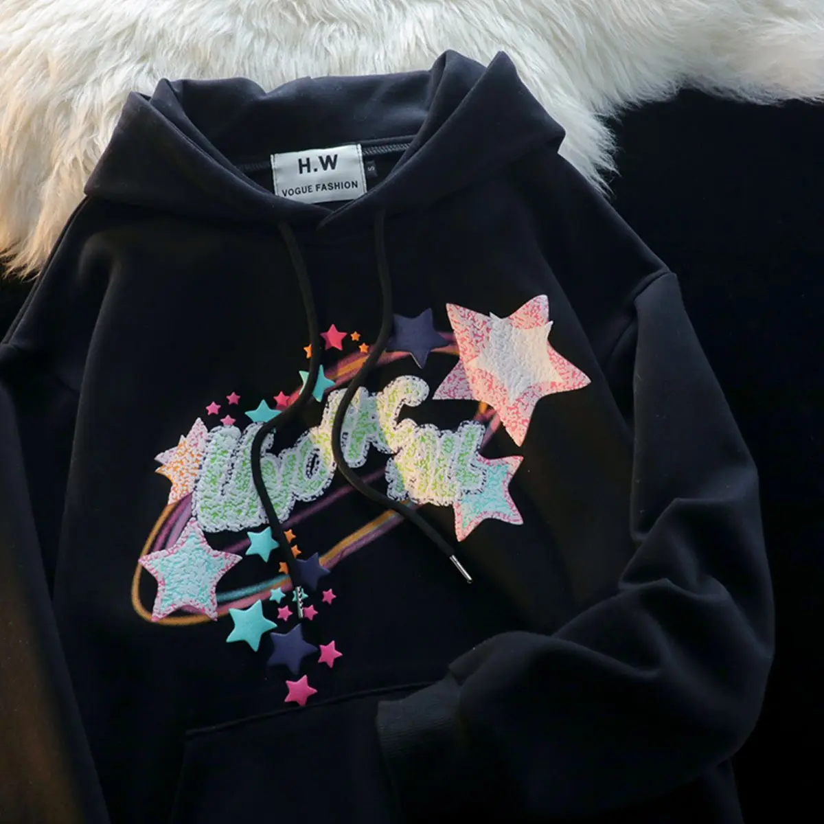 Vintage Star Heavy Cotton Hoodie Women 450g Korean Style Lazy Fit Long Sleeve Top