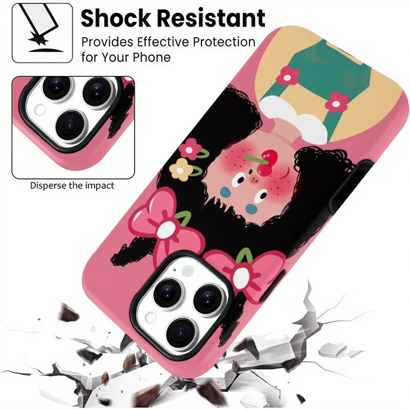 Cartoon Girl Pink Background Kawaii Style Cute Illustration Dual-Layer Hybrid Phone Case for iPhone 12-17 Series - view 3