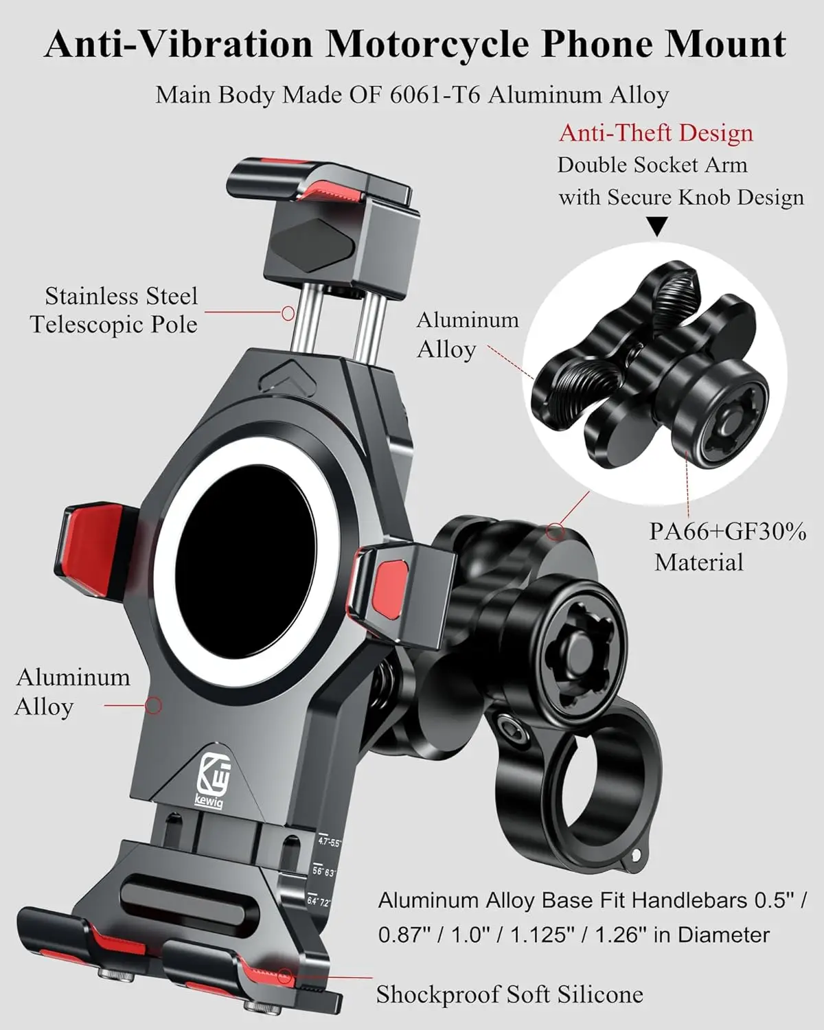 Anti-Theft Aluminum Motorcycle Phone Mount with Vibration Dampener & High-Speed Secure Lock, Adjustable Bike Cellphone Holder