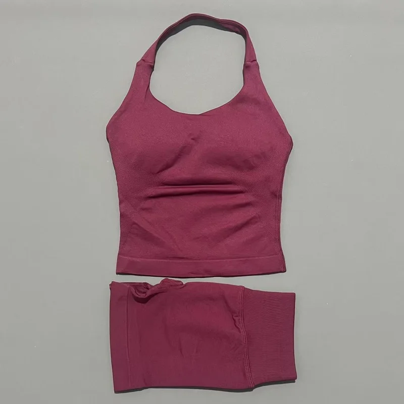 2 Pieces Sports Halter Top Strappy Bra Shorts Set Women Seamless Yoga Gym Leggings Set Running Fitness Sports Shorts Suit image 5