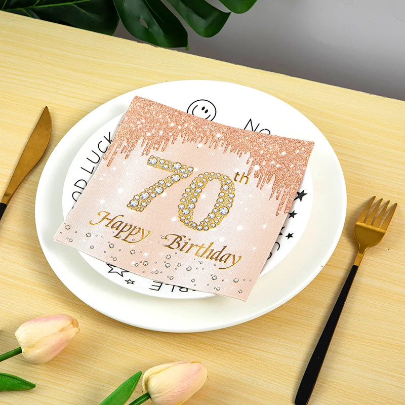 20Pc Rose Gold Number 40th 50th 60th 70th Years Old Disposable Paper Napkins for Women Happy Birthday Party Tissue Decoration