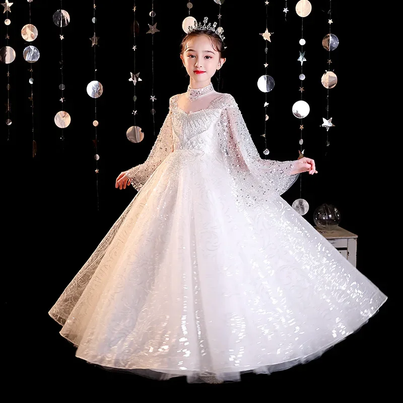 High-end Sequins Girls dress white Princess Tulle Dress Kids Dresses For Party Wedding teen Beauty pageant prom ball Girls Dress