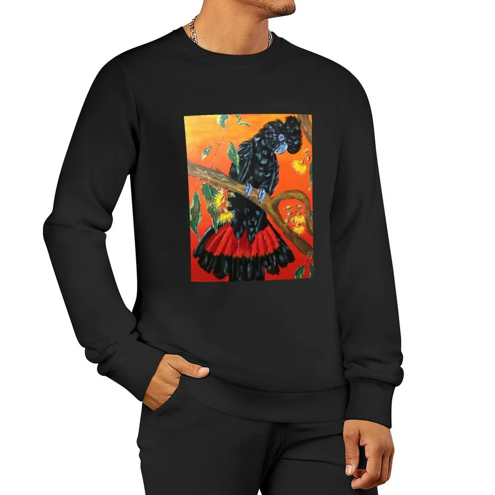 Colourful Character - Delightful Black Cockatoo Pullover Hoodie mens clothing men's sweatshirt