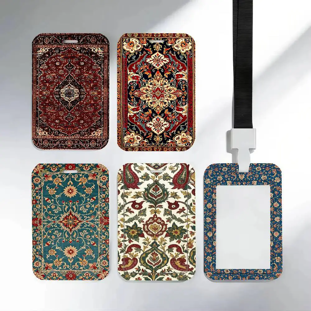 Persian Carpet Floral ID Card Holder Cute Badge Holder PVC Card Cover With Clear Window For Student Office Bus Card