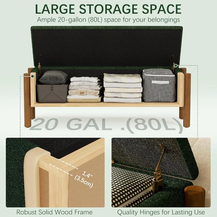 Modern Storage Benches with Walnut Wood Legs 47'' Ottoman Bench with 20 Gallons Storage Space for Bedroom End of Bed Fabric Uph