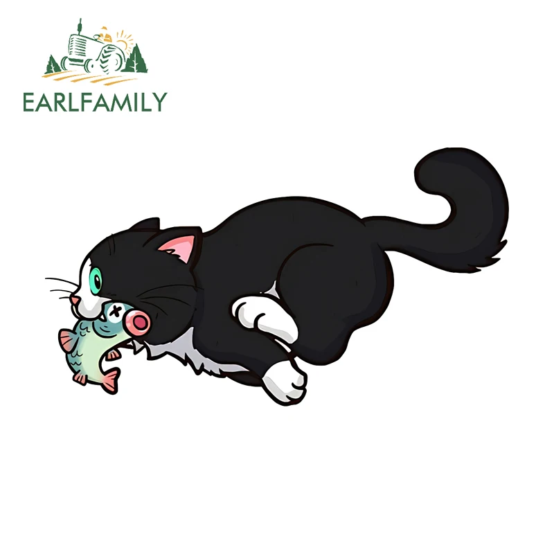 

EARLFAMILY Наклейка на автомобиль «Маленький кот, крадущий рыбу», милый бегущий кот, наклейка-тумблер, устойчивая к царапинам, персонализированная декоративная наклейка