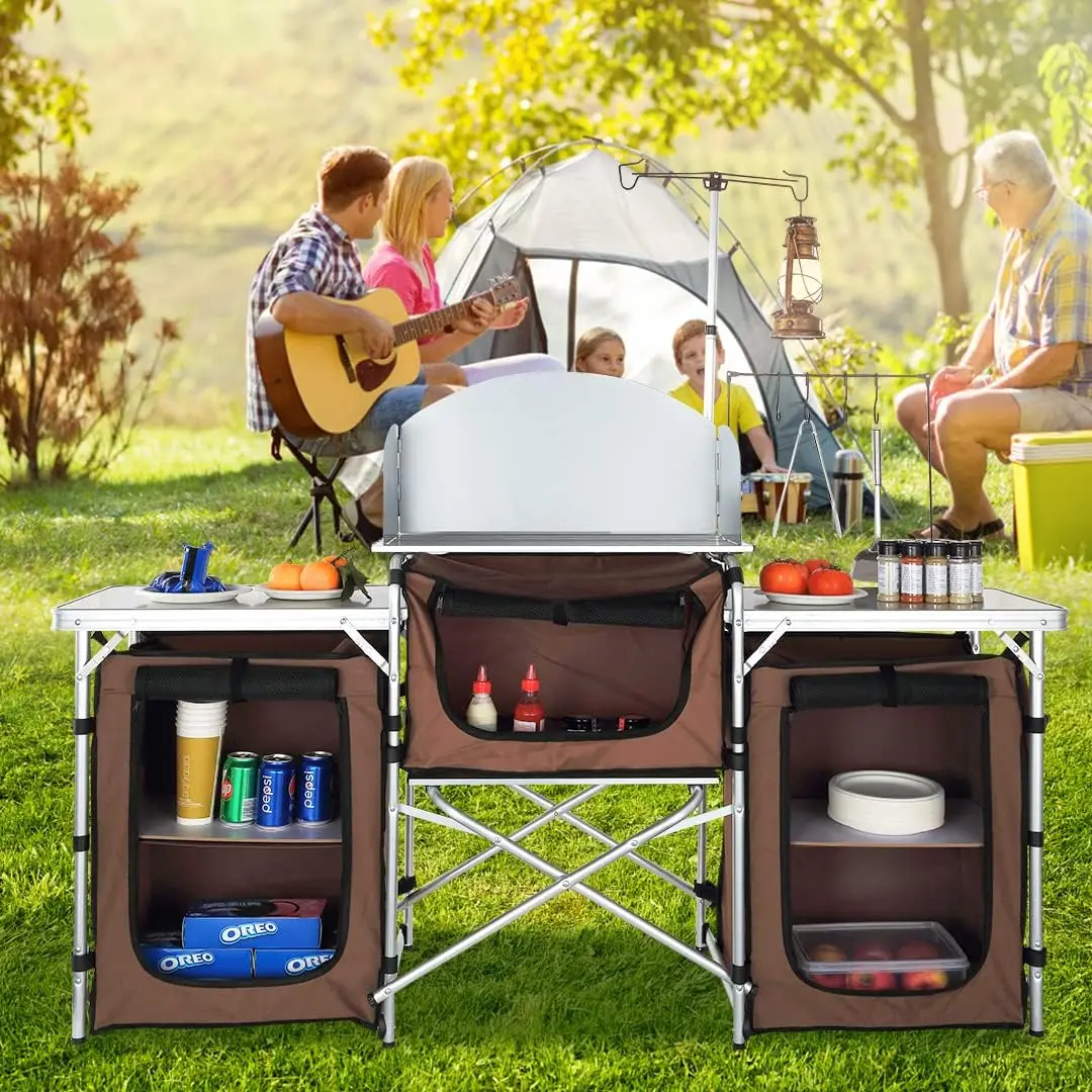 Camping Kitchen Table, Aluminum Portable Folding Camp Cook Table with Windshield, 3 Cupboard, Storage Organizer, Quick Installat