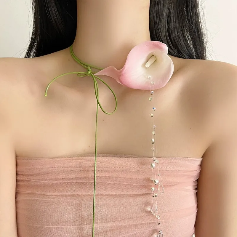HANGZHI Colourful Calla Lily Beaded Pendant Tie Necklace INS French Vintage Elegant Flower Jewellery for Women Spring New