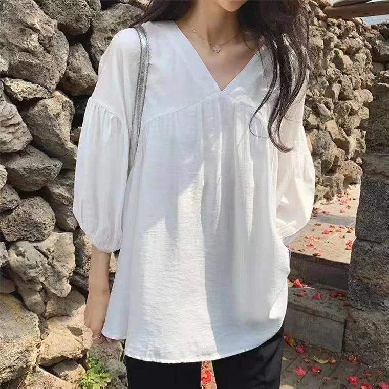 Women V Neck Gathered Bust Blouse Loose Puff 3/4 Lantern Sleeve Shirts Wrinkle Textured Fabric Blouses ﻿ ﻿