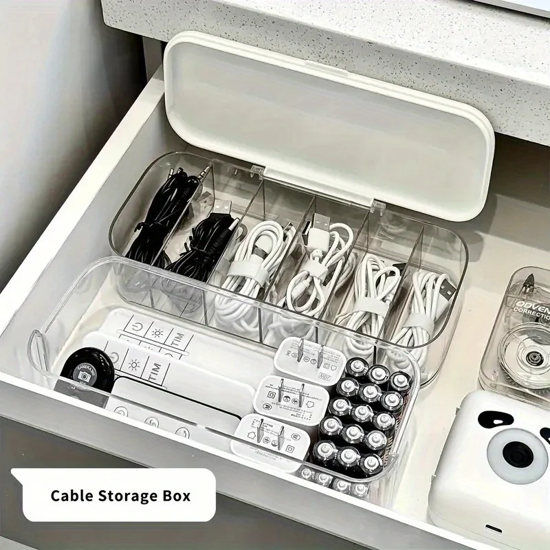 صندوق منظم كابلات سطح المكتب الشفاف بطبقة مزدوجة - حل تخزين الحبل والشاحن المدمج للمكتب المنزلي