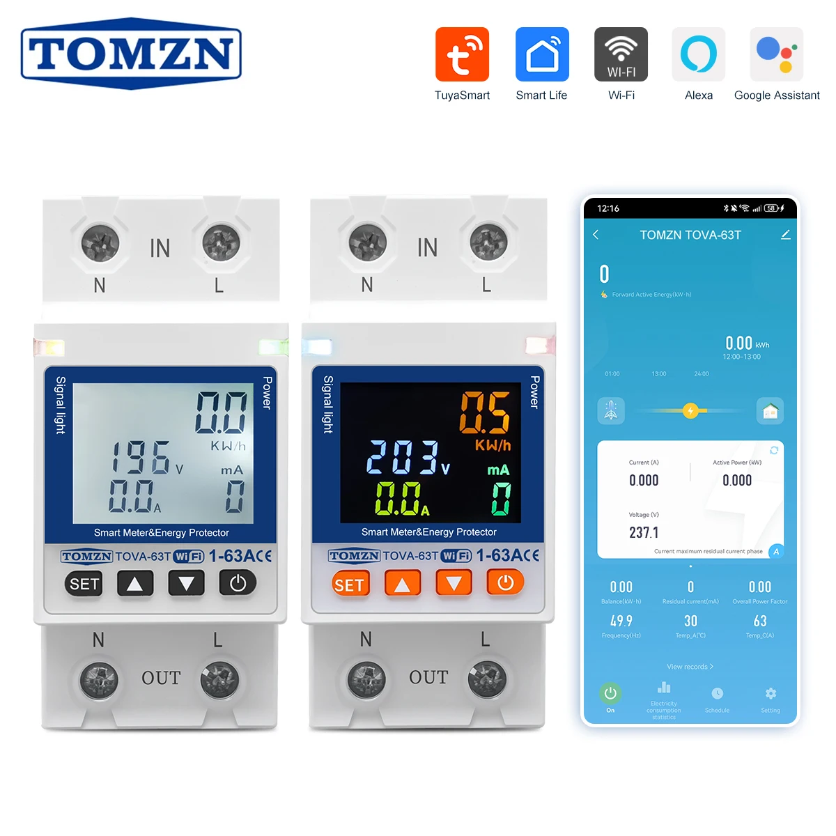 TOMZN WIFI 110V 220V 63A SmartLife TUYA Circuit Breaker Energy Metering Timer Voltage Current Leakage Protector Color white
