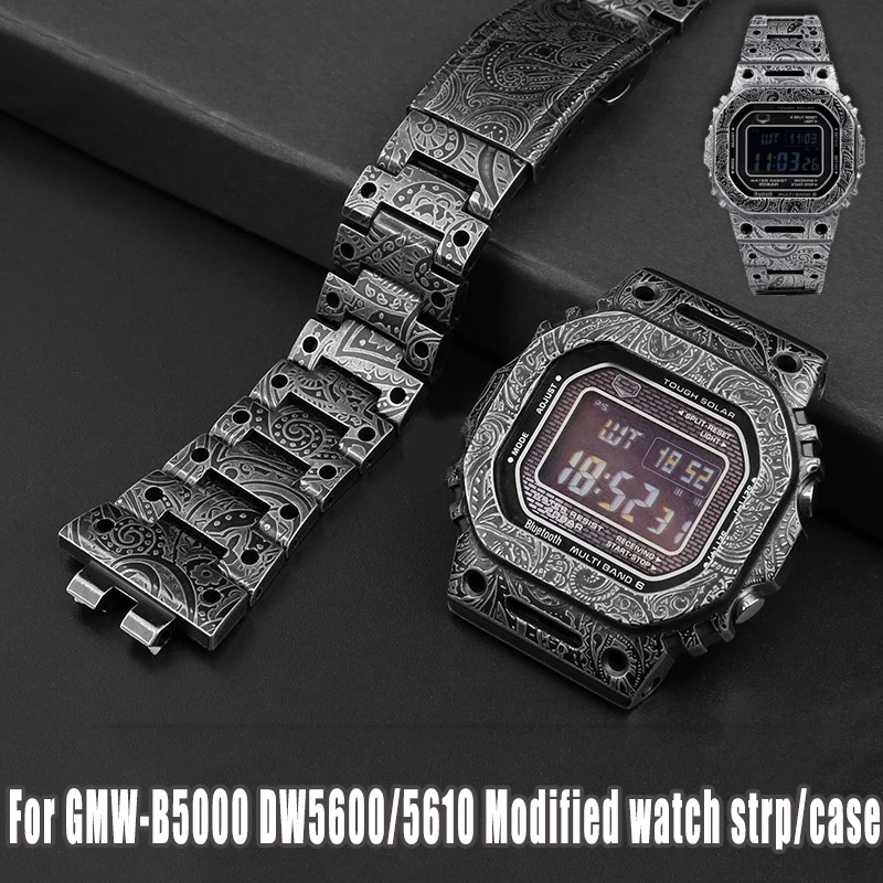 

For Casio G-SHOCK GMW-B5000 DW-5600 DW-5610 Modified Carving Stainless steel Bezel Retrofit Watch Set case strap Men Watchband