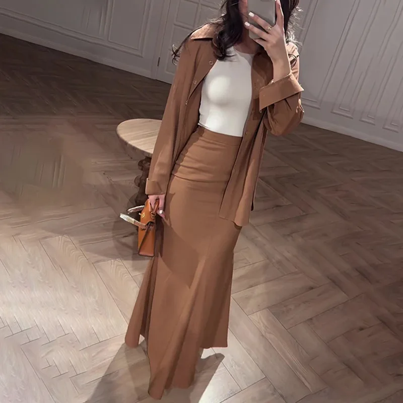 Women Two Piece Sets Skirt Set Full Sleeve Shirt Mermaid Skirts Hip Wrap High Waist Y2k Streetwear Elegant Slim Fit Work Summer