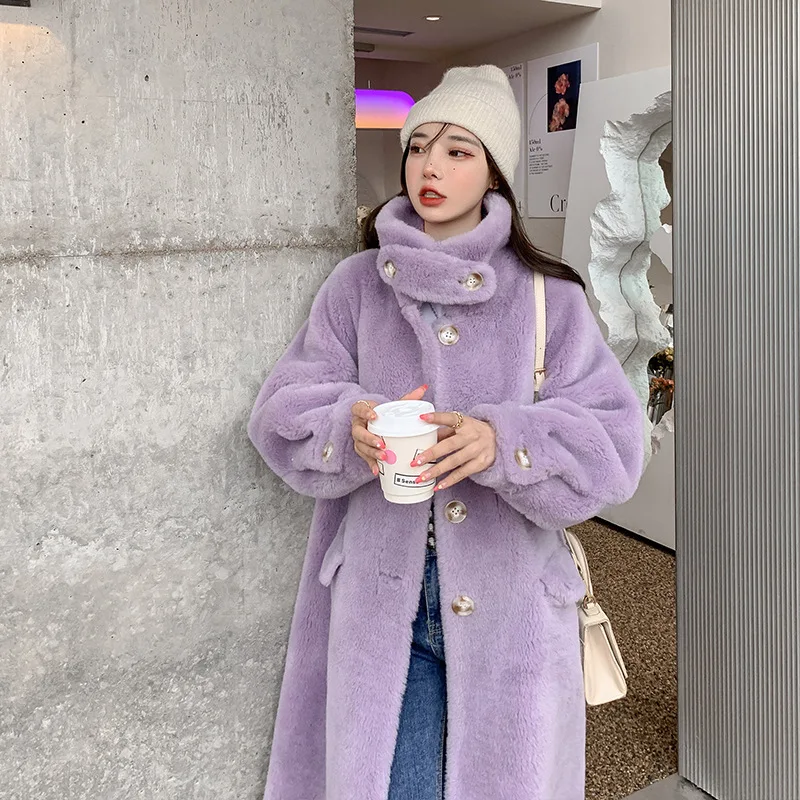 Woolen Jackets for Women Single-breasted Stand Collar Lining Suede Long Lamb Fur Coats Female Warm Sheep Shearing Outer Garment