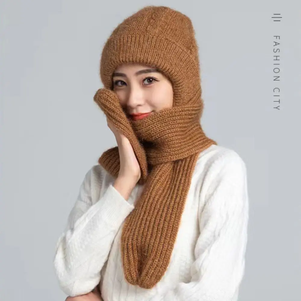 Autumn Ear Protection Knitted Skullies Hat Scarf Set Windproof Neck Warmer Women Hooded Scarf Cross Soft Neckerchief All-match