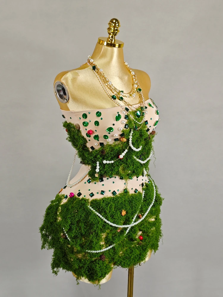 Elegante verde strass saia curta grama falsa ombro-livre cantor evento traje lady gaga festival de aniversário arrastar outfit