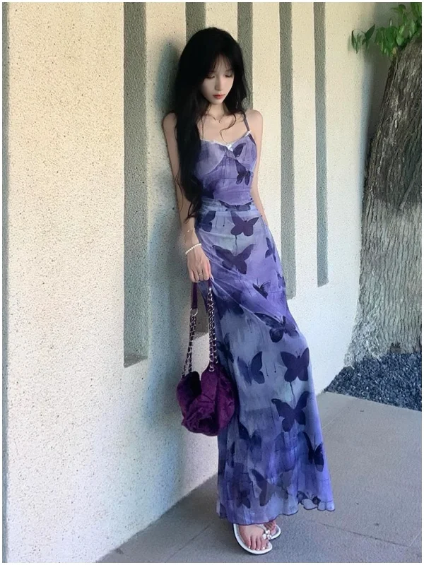 Summer Pure Desire Floral Print Purple Strap Dr Women's Sweet Spicy Slim Fit Long Skirt High Waist No Sve Commute Sle
