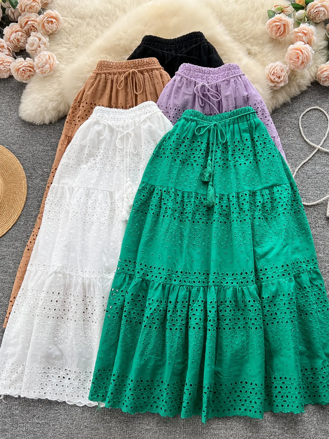 Elegant Hollow out Lace Embroidery Hook Flower Half Skirt Women's High Waist Slimming Sweet Versatile Holiday Style Fairy Skirt