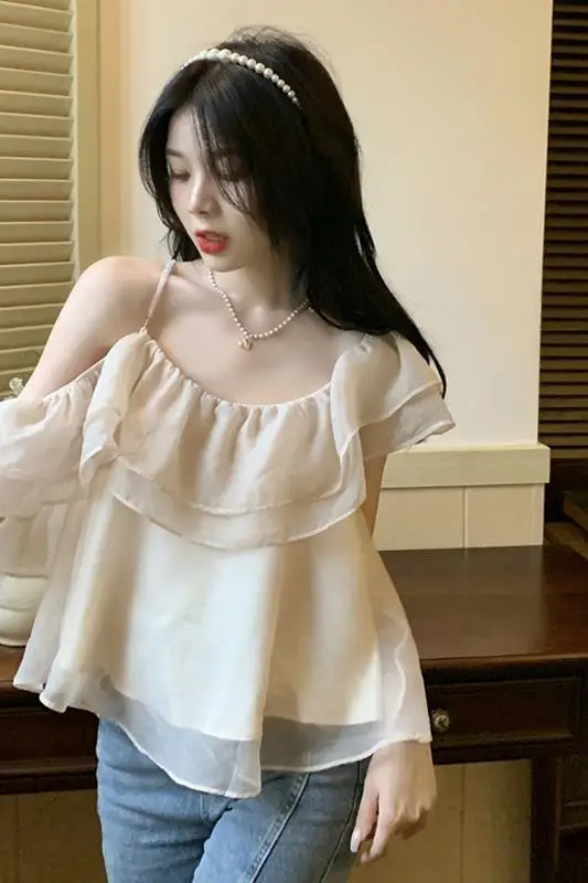 

Pure Desire Off Shoulder Crop Blouse Summer 2025, Ruffle Strap Sweet & Sexy Women's Casual Shirt Chic Short Sleeve Top Fashion