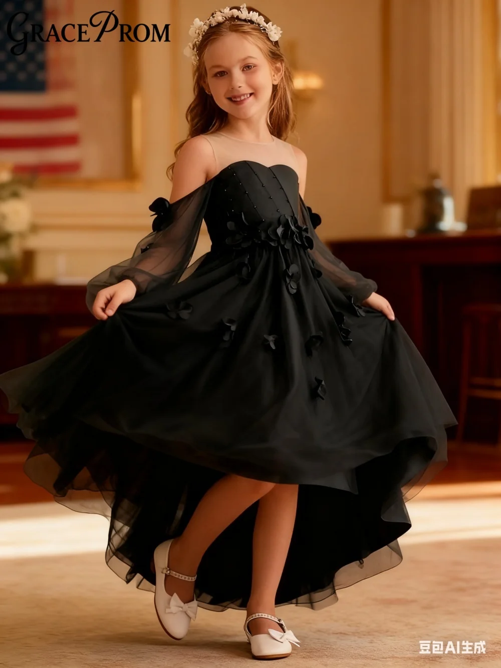 

Classic Black Ring Girl Dress Girl Stage Show Dress Girl Princess Dress Romantic A-Line Chiffon Floor-Length Party Gown