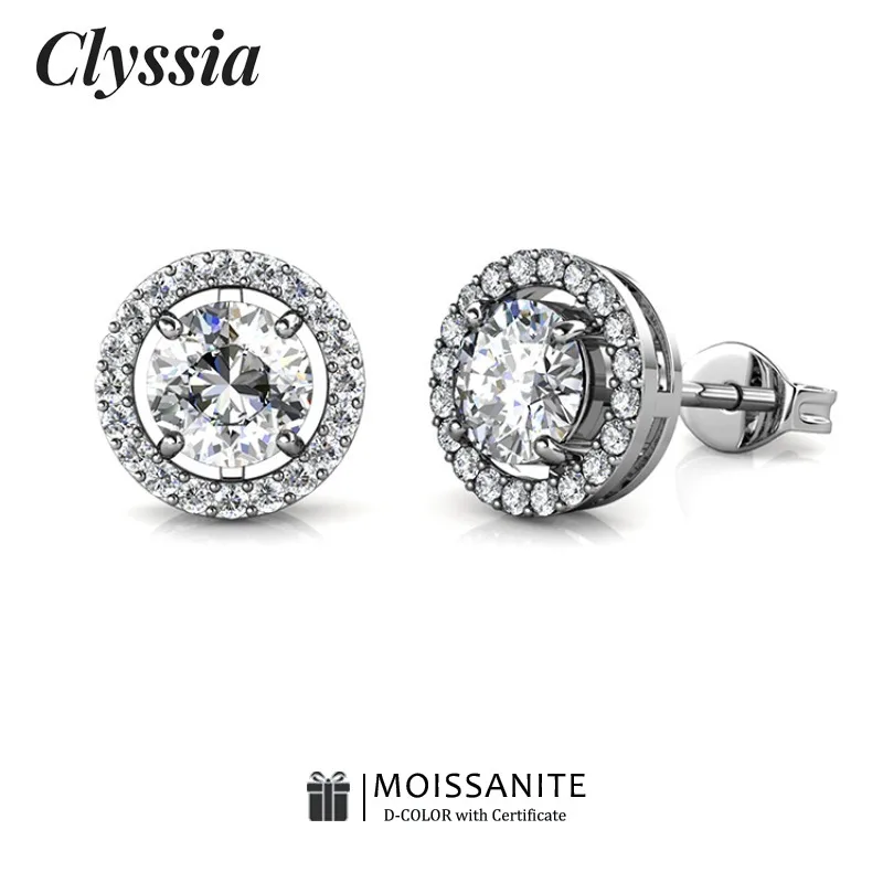 

CLYSSIA Round Cut Moissanite Stud Earring 925 Sterling Silver 18K White Gold Plated Lab Grown Diamond Elegant Comfort Fit