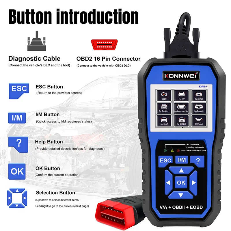 

KONNWEI KW450 OBD2 Diagnostic Tools For VAG Cars V.W Au.di ABS Airbag Oil ABS EPB DPF SRS TPMS Reset Full Systems Scanner