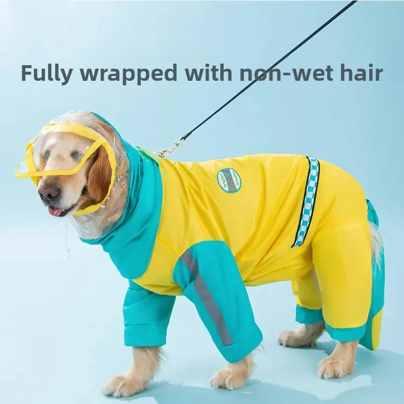 

Full Coverage Large Dog Raincoat Reflective Hood Four-legged Waterproof Jacket Medium Large Dog Pet Yellow Raincoat