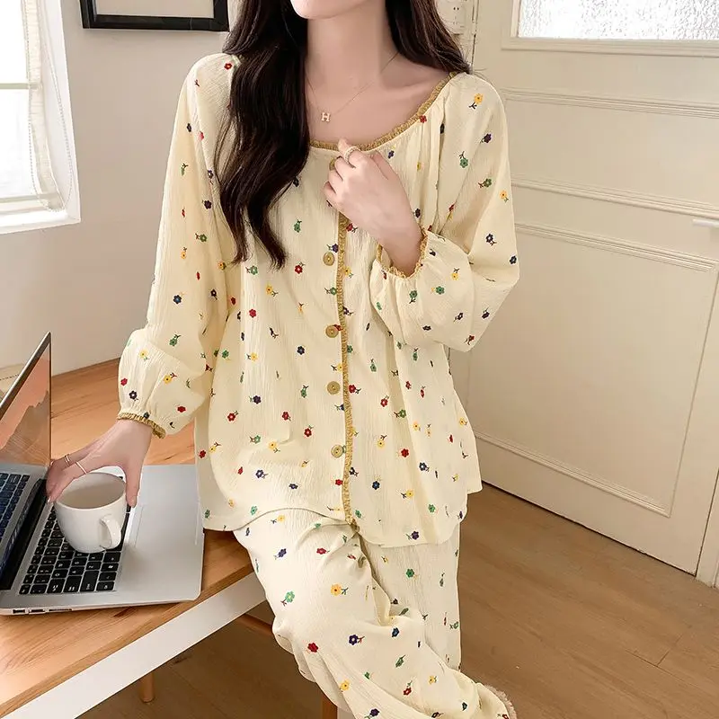 Floral Pajama Set 2024 Spring Autumn Student Long Sleeve Sweet Thin Sleepwear Women Large Size Casual Round Neck Homewear Suit