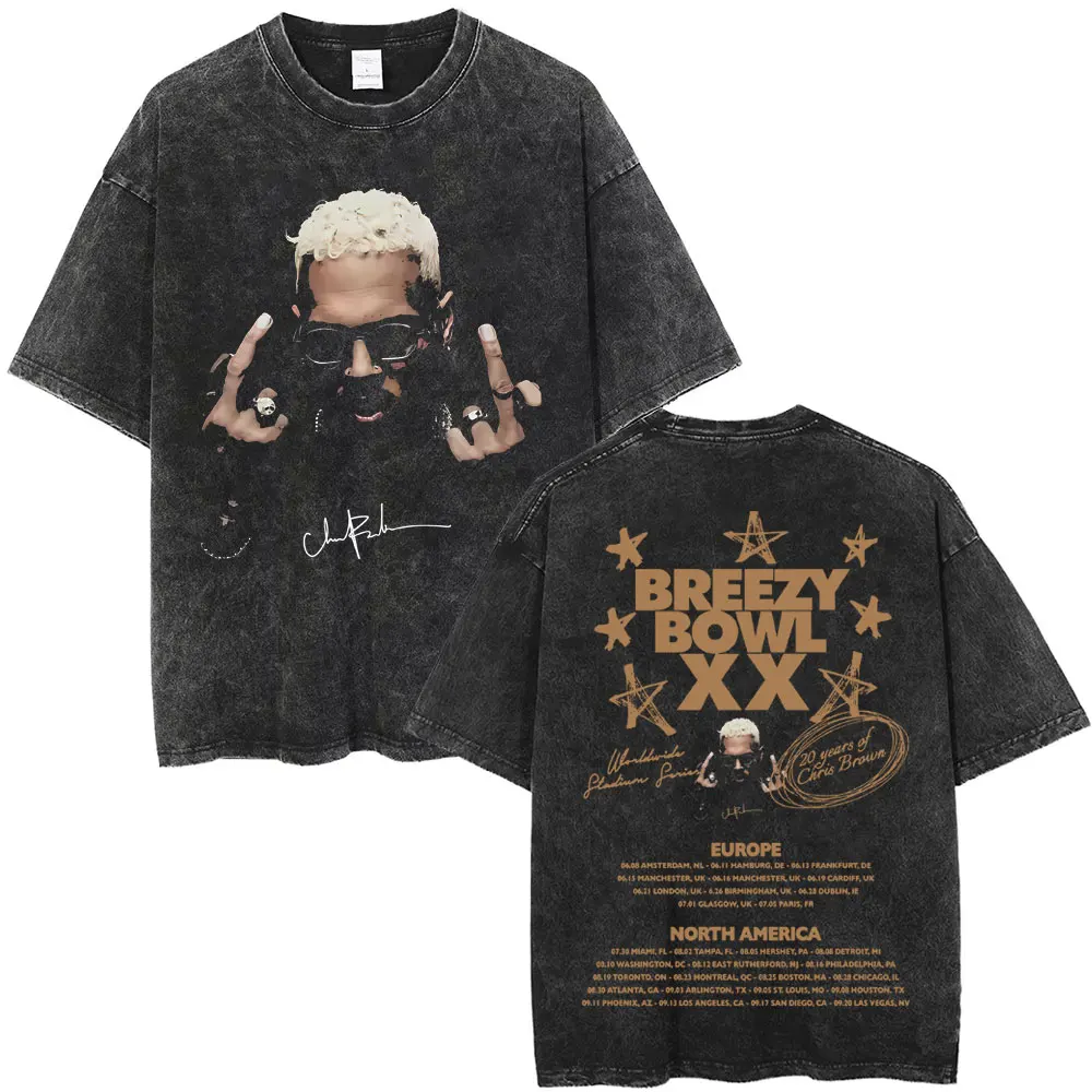

Washed Vintage Rapper Chris Brown Face Graphic T Shirt Breezy Bowl XX Tour 2025 T-shirt Men Hip Hop Fashion Crewneck T-shirts