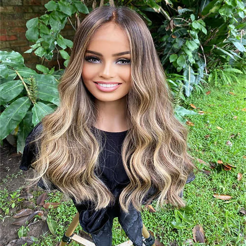 Ash Brown with Honey Blonde Highlights Women Wig Loose Deep Wave Natural Lace Front Wig for Lady 24inchs Long Pre Plucked Wig