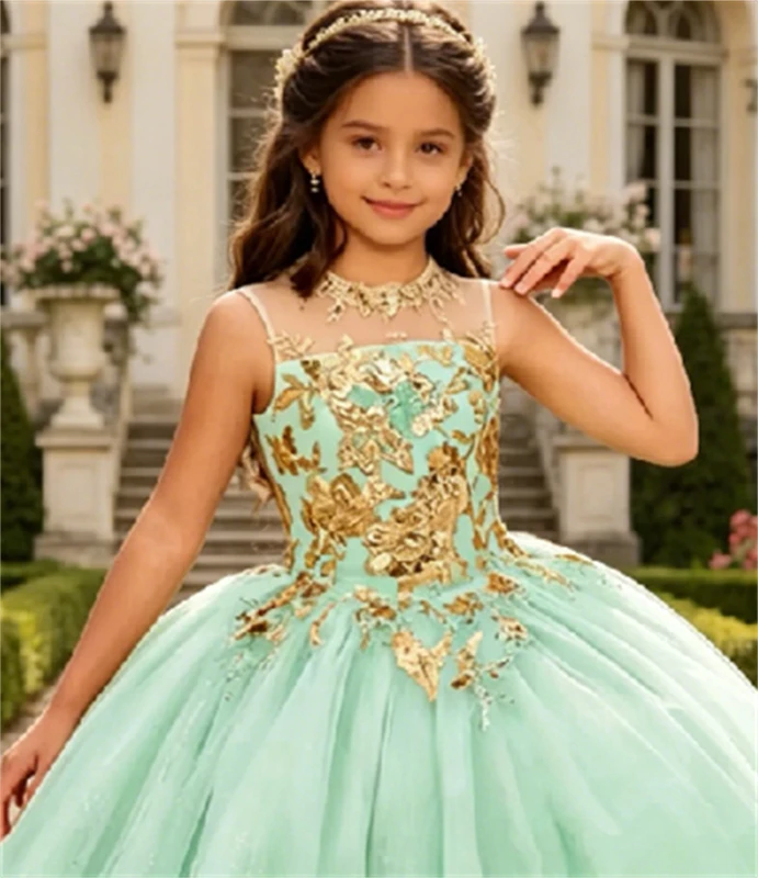 

Customized Flower Girl Dress For Wedding Appliques High Waist Sleeveless Floor Length Elegant Kids Birthday First Communion Gown