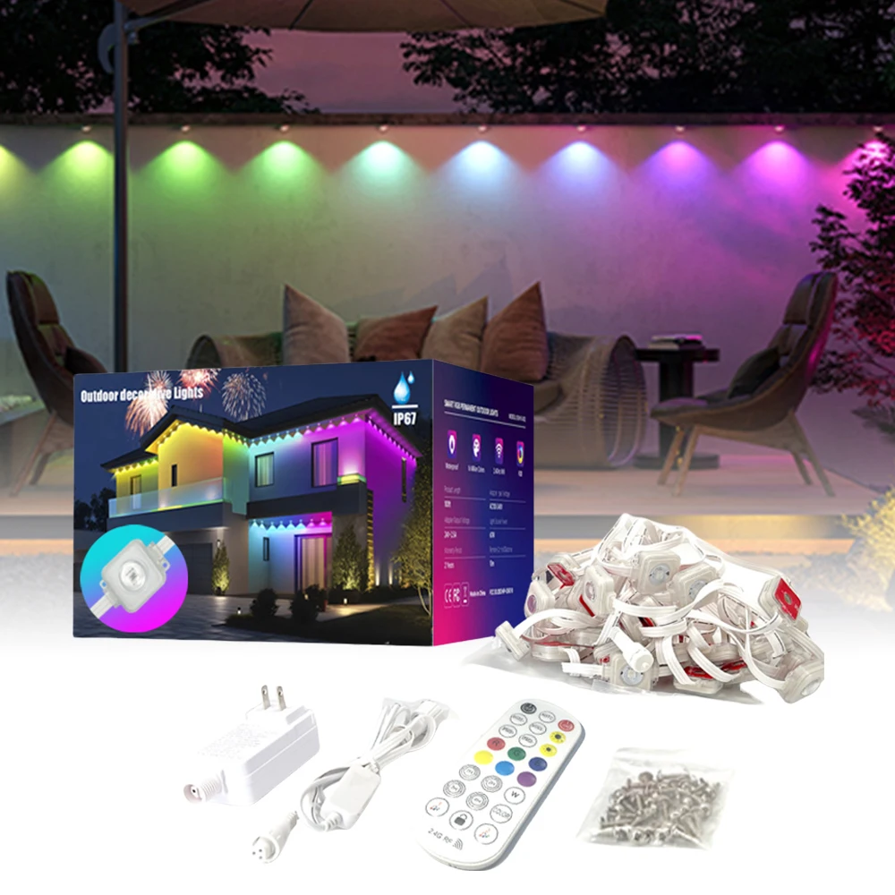 Permanent Outdoor Lights, 15M Smart RGB IC APP Bluetooth Outdoor Lights String, IP67 Waterproof Xmas Lights Eaves Party Decor