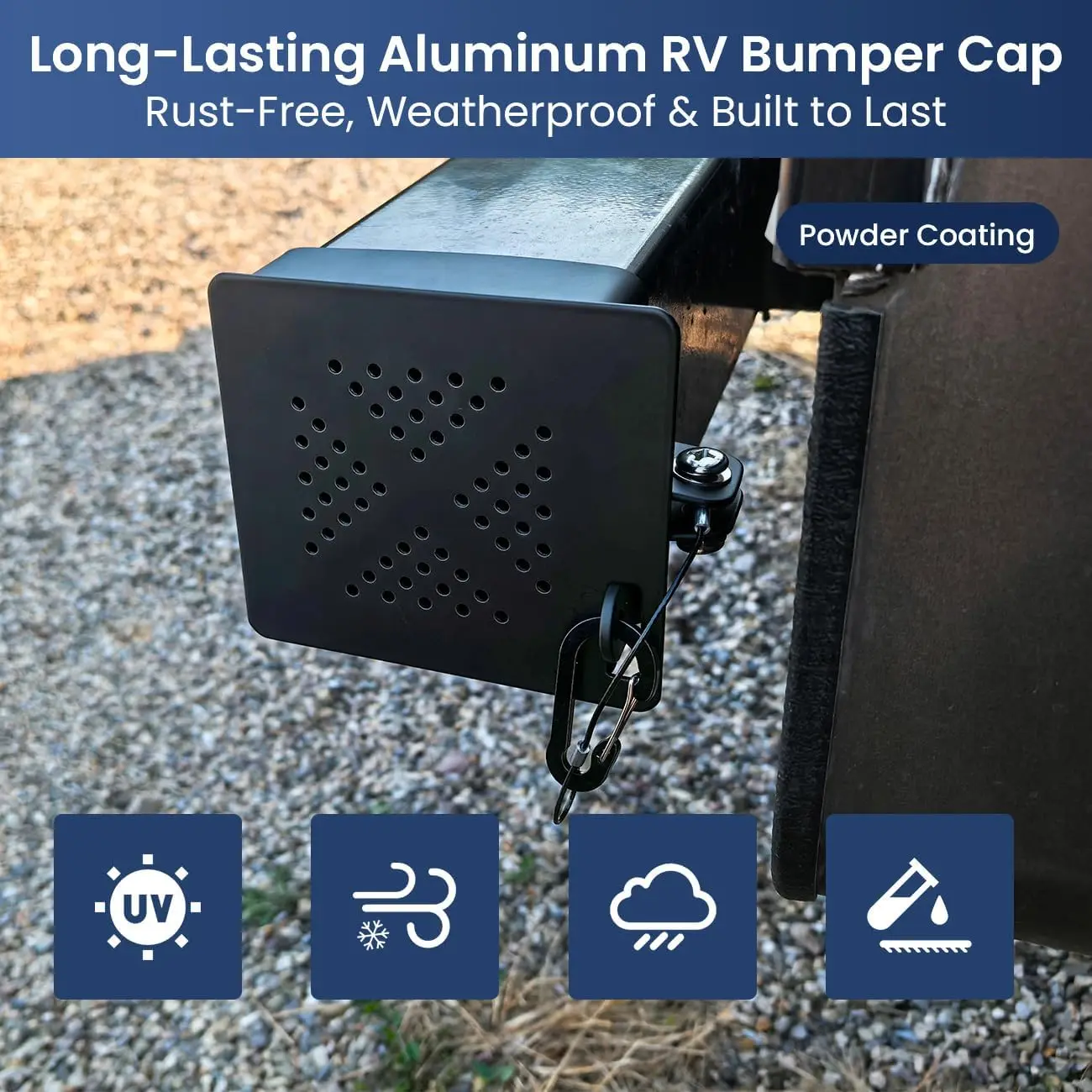 4 Inch Square RV Bumper End Cap Cover Rust‑Resistant Aluminum Carbon Steel Bumper Plug With Vent Holes Safety Pin Insect Dust Proof Sewer Hose Storage Protective Cover for RV