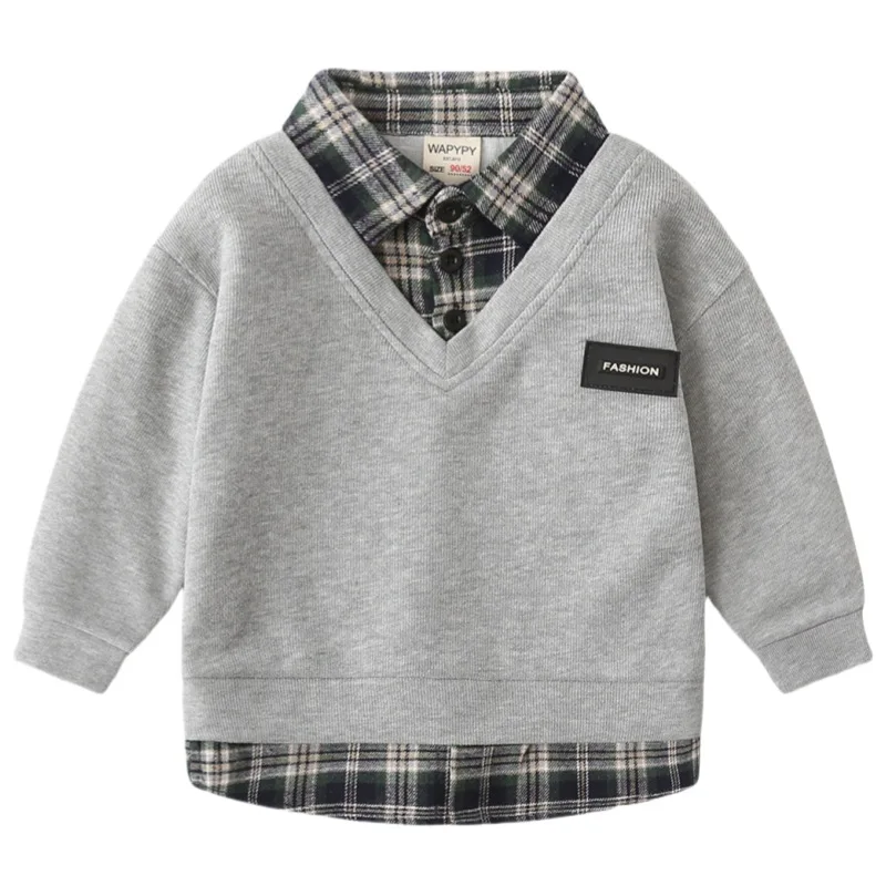 2026 New Korean‑Style Boys Mock Two‑Piece Sweatshirt, Shirt Collar Spliced Pullover, Wholesale Toddler Baby Boys Clothing