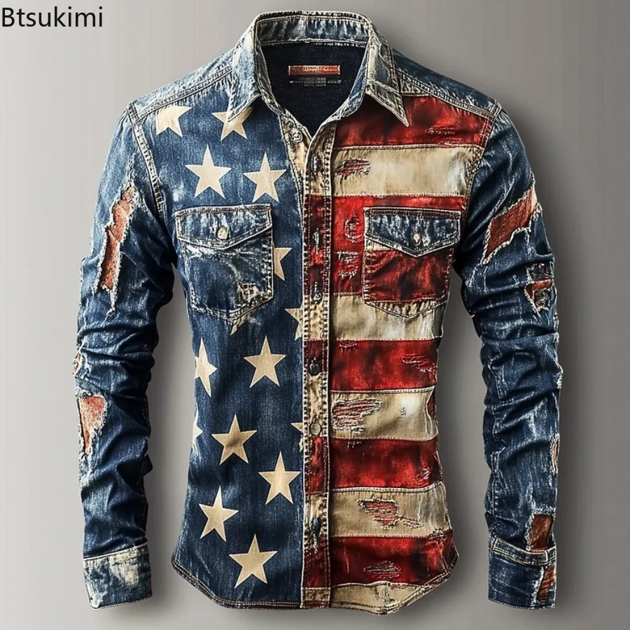 

Новые мужские повседневные рубашки с длинным рукавом, весенне-осенние модные кардиганы, винтажные лоскутные топы, уличная одежда для мужчин, приталенные рубашки-куртки