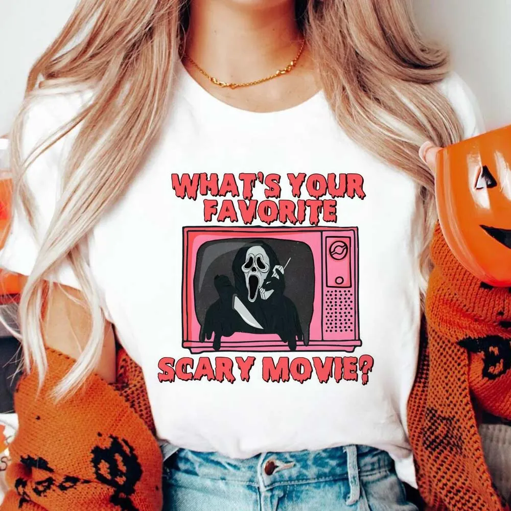 Printed T-Shirt What's Your Favorite Scary Movie Cartoon O-Neck Top Trendy And Fun Versatile Print Street Style Loose T-Shirt.