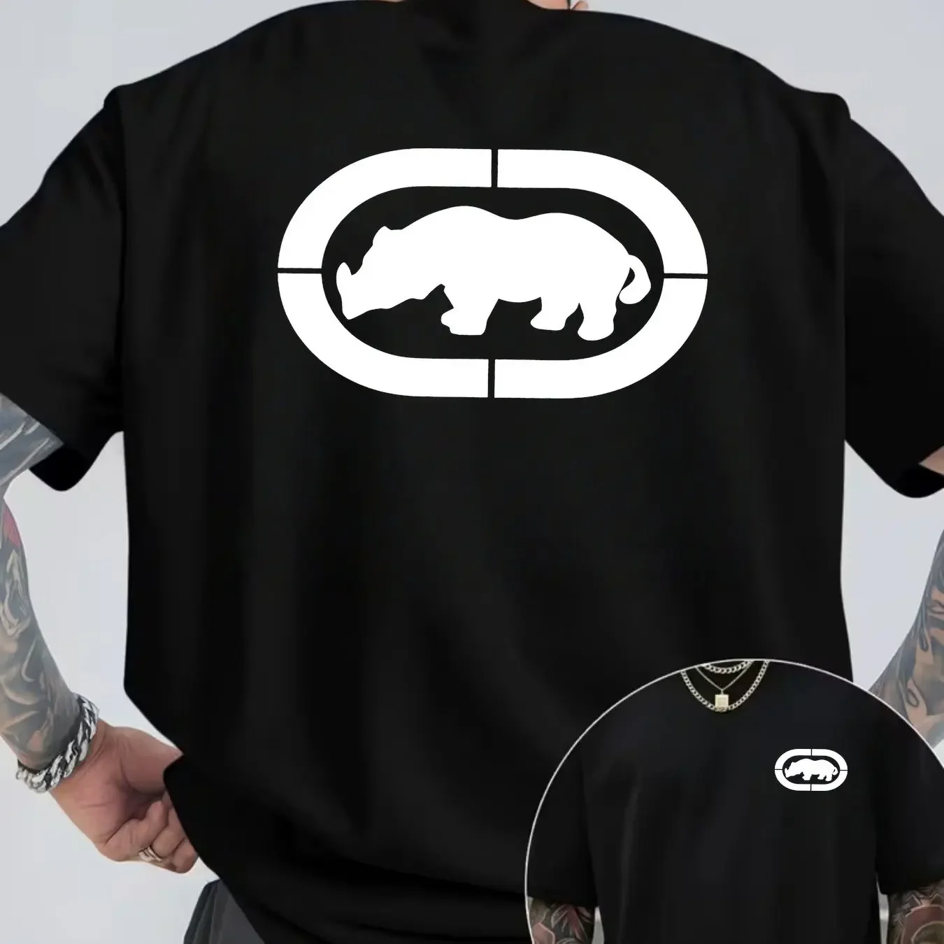 Men Ecko Large Back Panel Split Oval Rhino Silhouette T Shirt Soft Light Breathable Daily Streetwear Short Sleeve Top