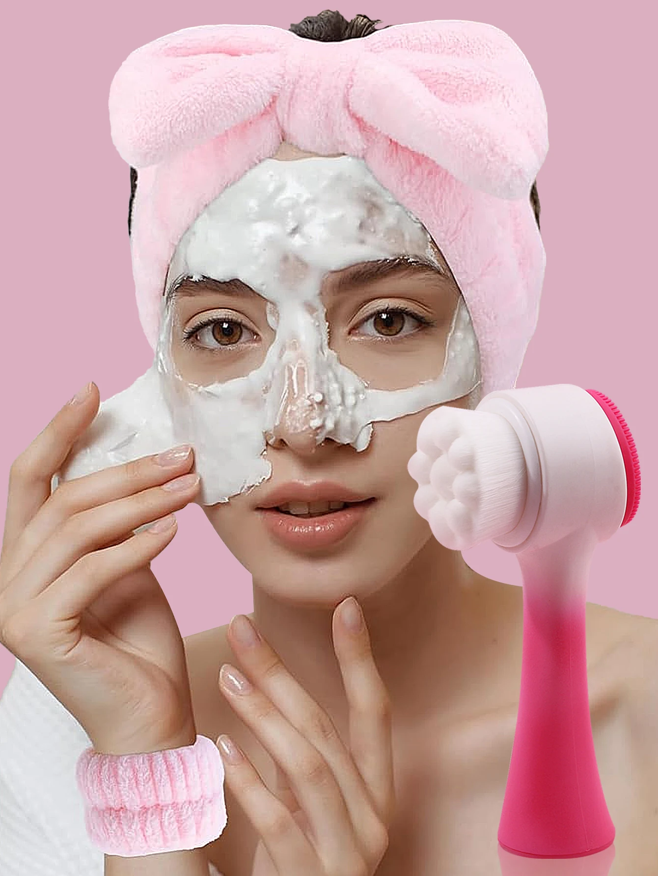 Diadema práctica con lazo, correa para la muñeca, cepillo de limpieza suave de doble cara, esponja de maquillaje portátil, juego de herramientas para polvos, 6 uds.