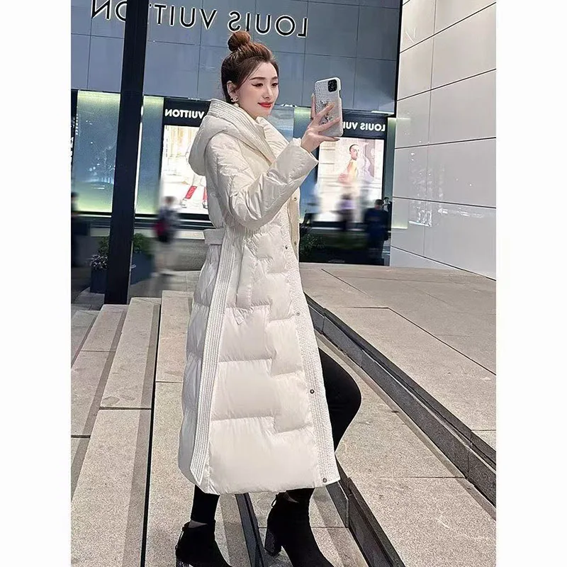 여성용 면 패딩 재킷 후드 벨트 여성용 면 코트 2025 신상 패션 한국 스타일 루즈 롱 파카 코트 여성 아우터