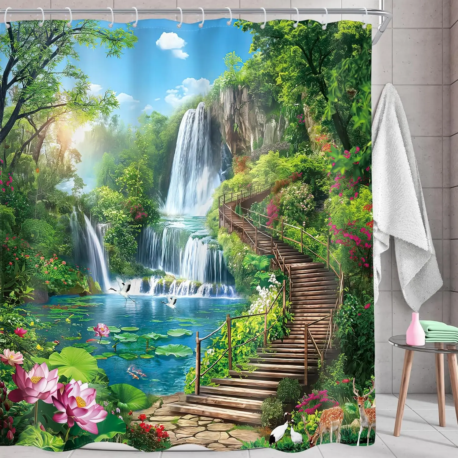Green Rainforest Waterfall Shower Curtain Mountain Woodland Landscape Scenery Greenery Nature Lotus Artwork Cloth Fabric