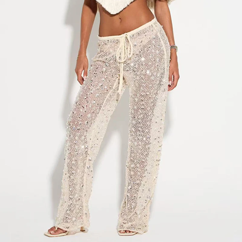 Fashionable Glitter Sequin Mesh Party Suit Women Elegant O Neck Tassel Shawl Tops & Bodycon Skirts Set Summer Hollow 2pcs Outfit image 3