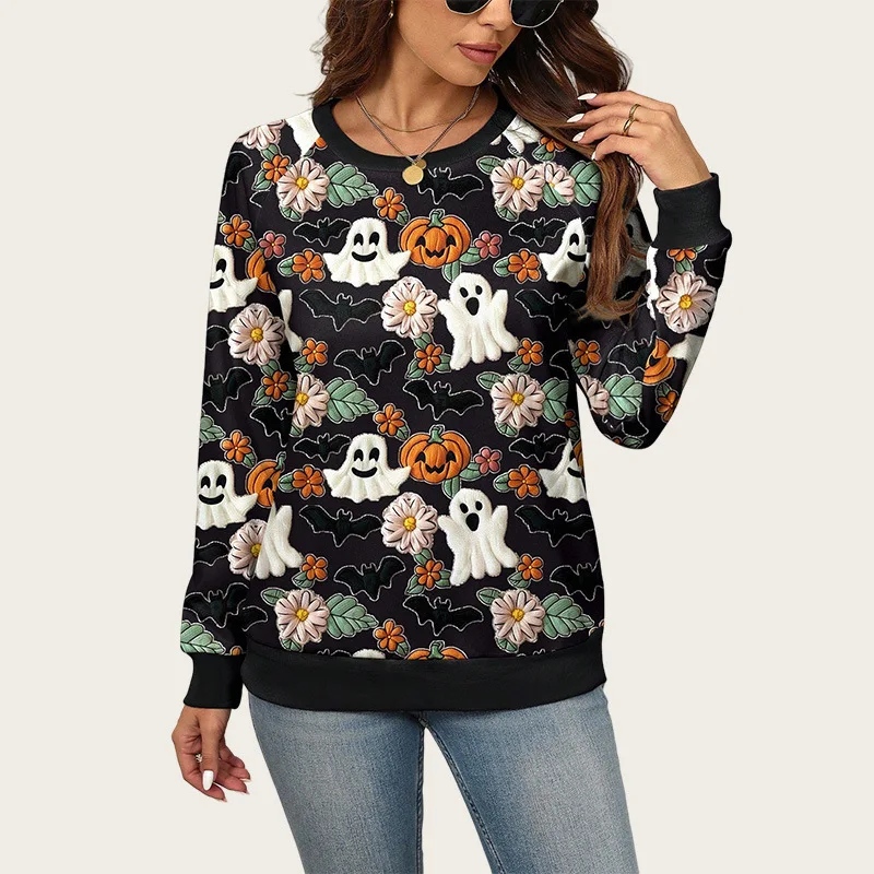 Autumn and Winter New Ghost Pumpkin Halloween Pullover Sweatshirt for Women, Plus Size