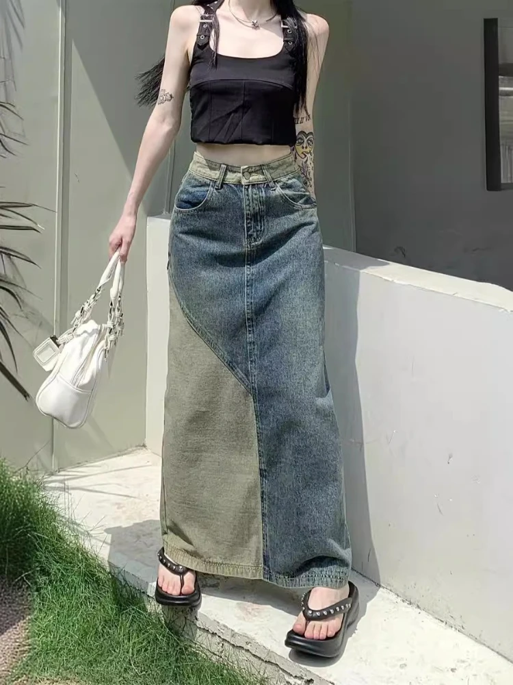 

New in Spring Autumn Women Fashion Vintage High-waisted Slimming Medium-length Color Blocking Denim Skirt for Women Clothing