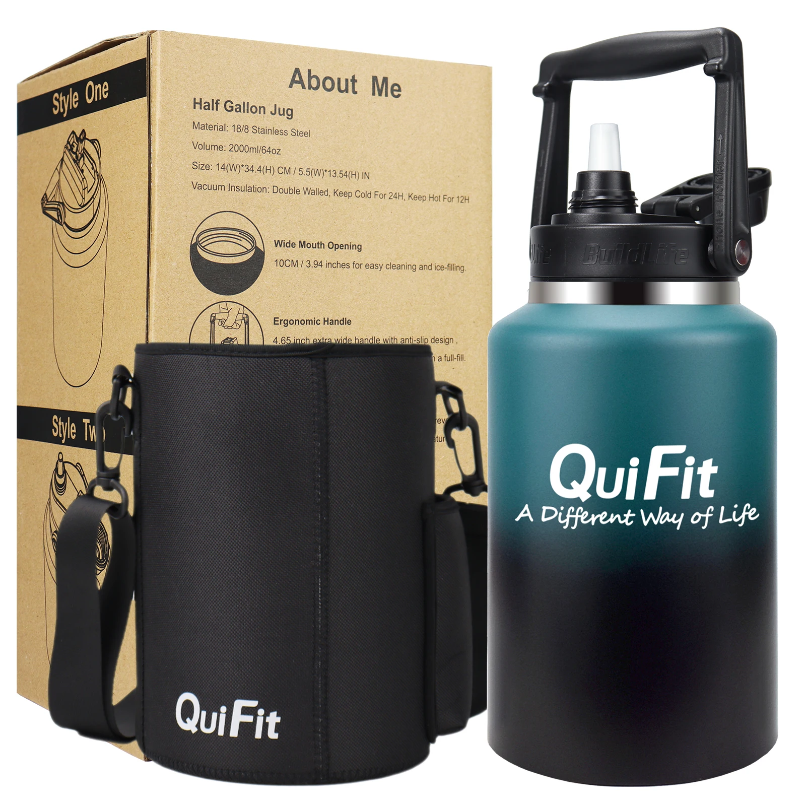 

Quifit Stainless Steel Water Bottle 2L 64Oz 3.8L 128oz with Straw Vacuum Insulated Double Wall Thermo Keep Liquids Hot & Cool