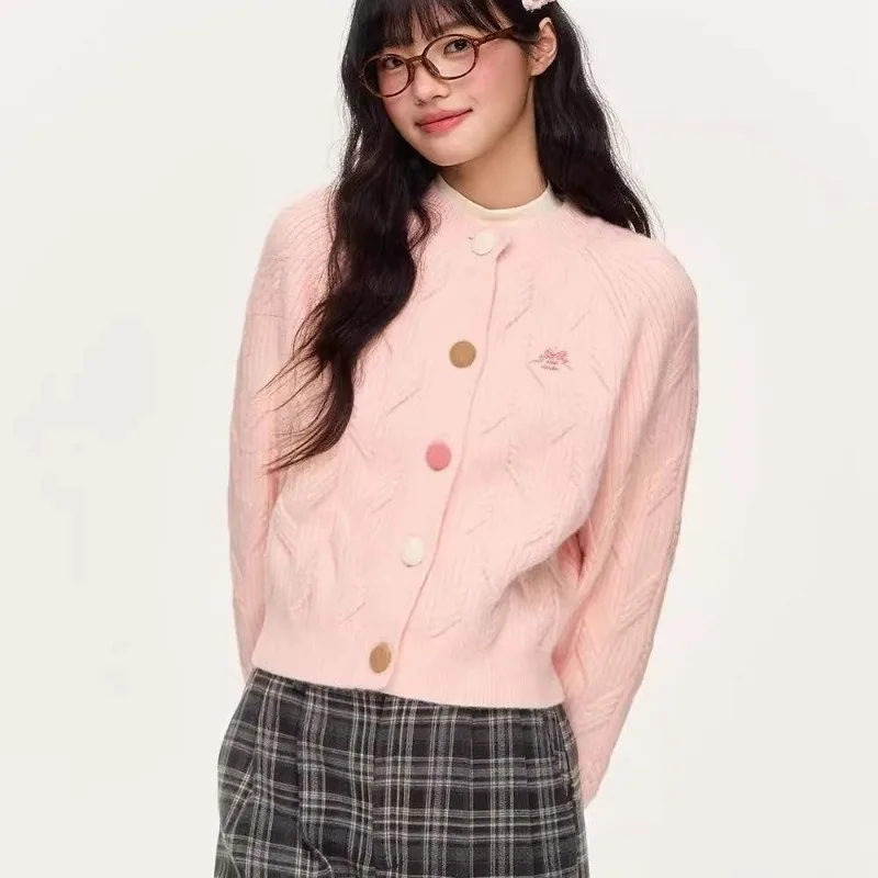 سترة صوفية قصيرة بأزرار مطرزة للخريف والشتاء، سترة محبوكة برقبة دائرية رفيعة #3