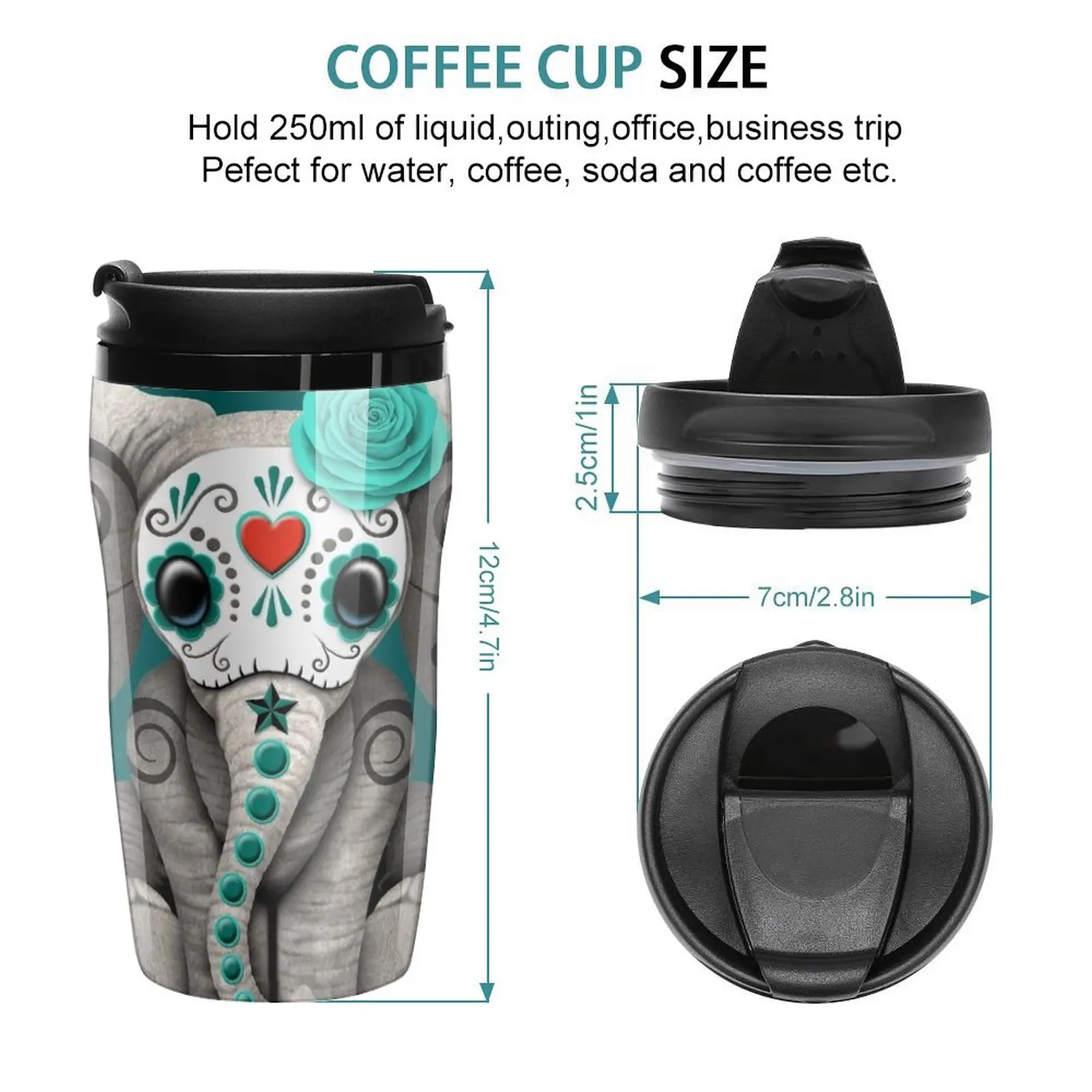 New Teal Blue Day of the Dead Sugar Skull Baby Elephant Travel Coffee Mug Espresso Shot Unusual Tea Cup