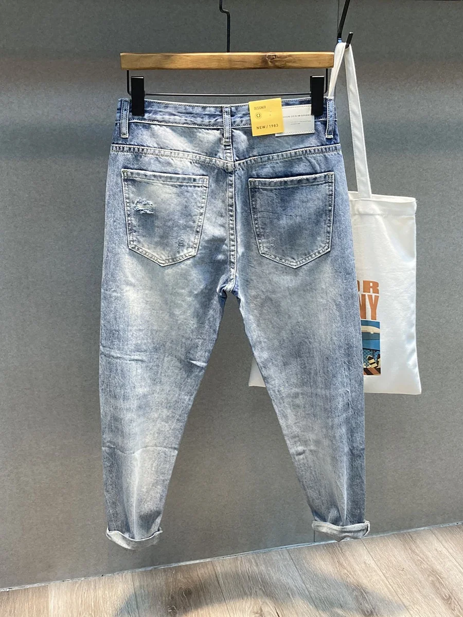 New American Style Men's Jeans Harlan Hole Denim Pants Summer Thin Loose Casual Straight Leg Trousers Nine Points