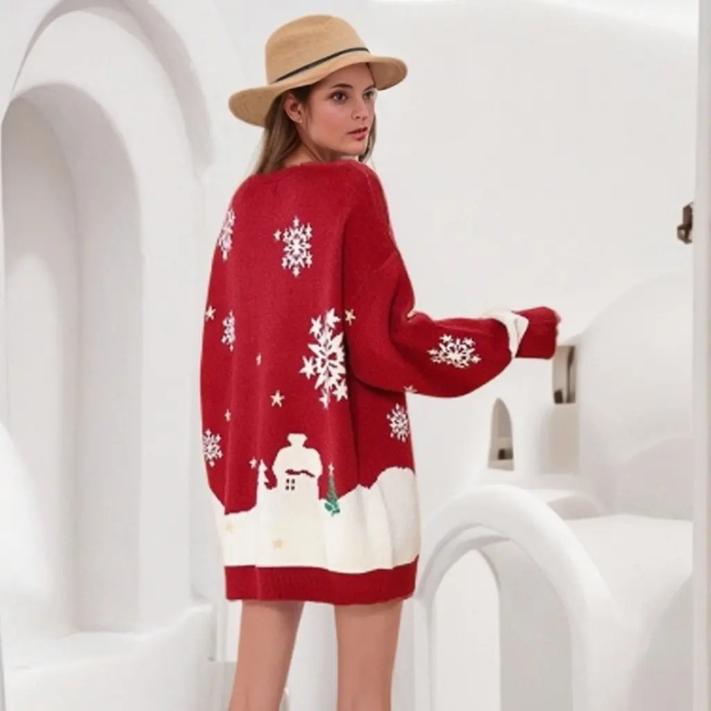 

Женский повседневный рождественский свитер с круглым вырезом, милый жаккардовый вязаный трикотаж с героями мультфильмов, новая мода в европейском и американском стиле