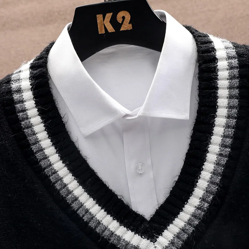 Otoño e Invierno nuevos hombres de moda salvaje casual suelto coreano tejido con cuello en V suéter cómodo de manga larga